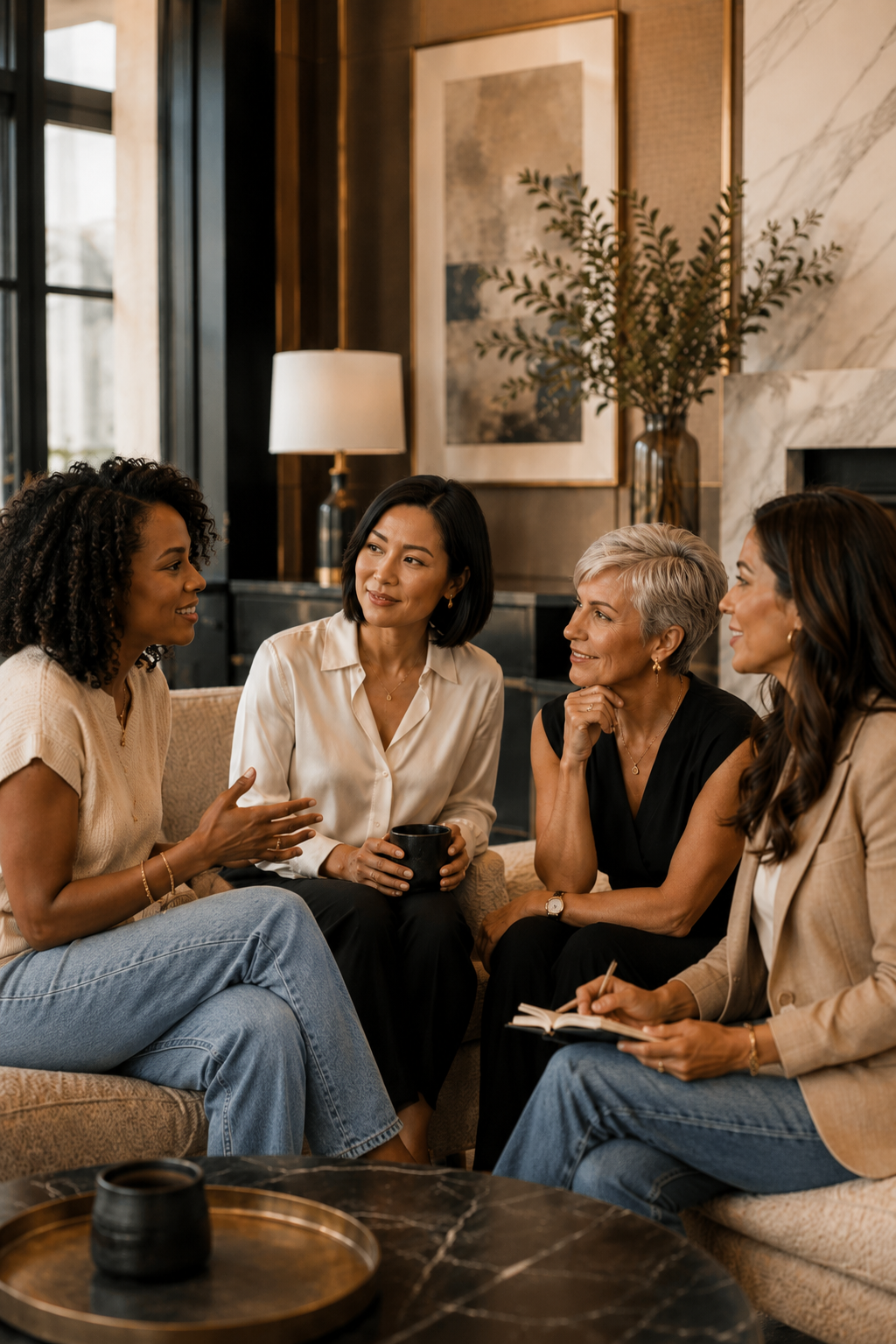 Four women in warm conversation in an elegant living room, embodying the Next-Level Woman Inner Circle community